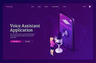 Voice assistant application isometric landing page. Speaker command recognition smart app, digital identification technologies. Tiny woman stand at huge smartphone with microphone 3d vector web banner
